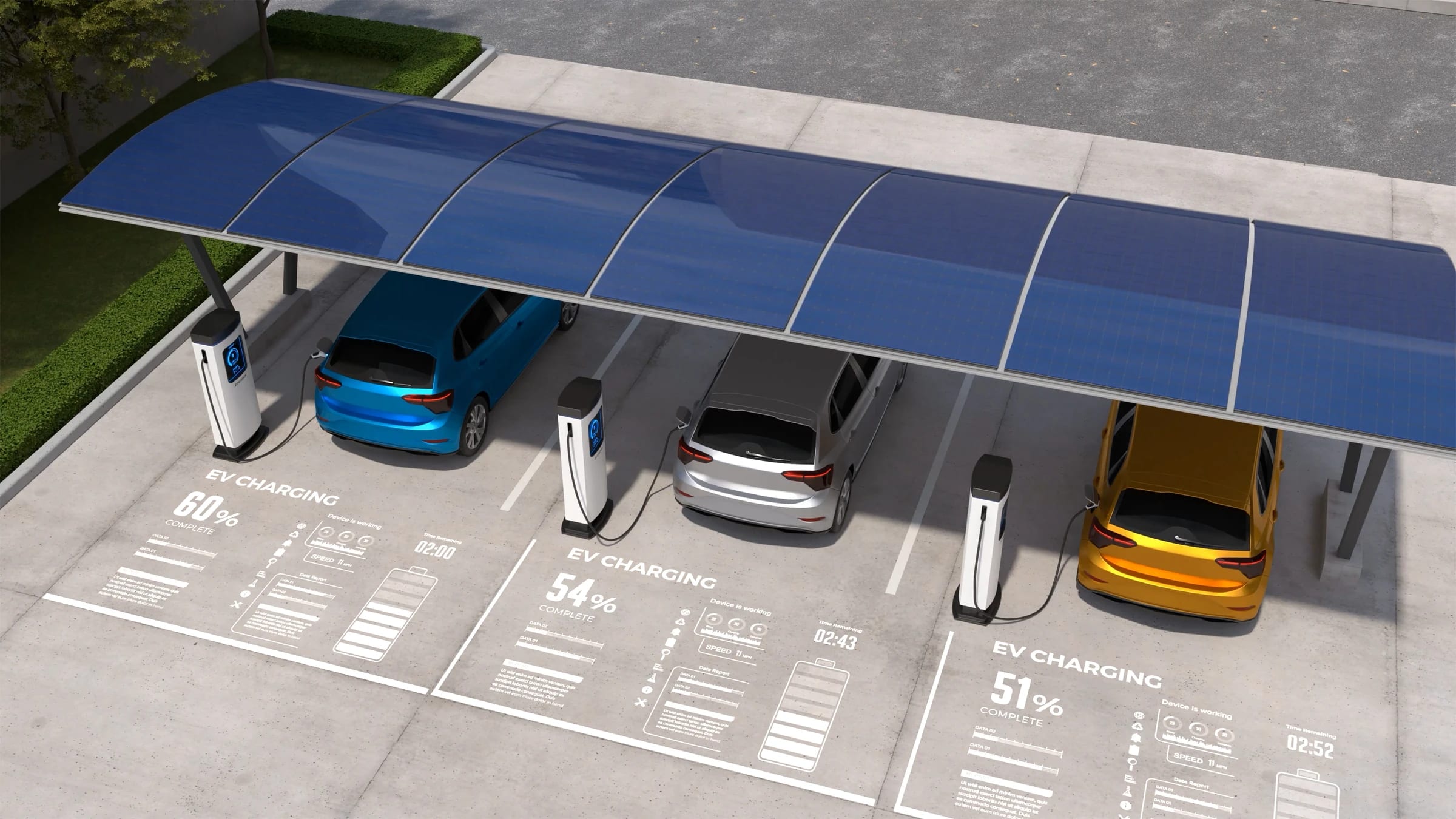 Electric cars charging beneath a solar-panel canopy in a parking area.