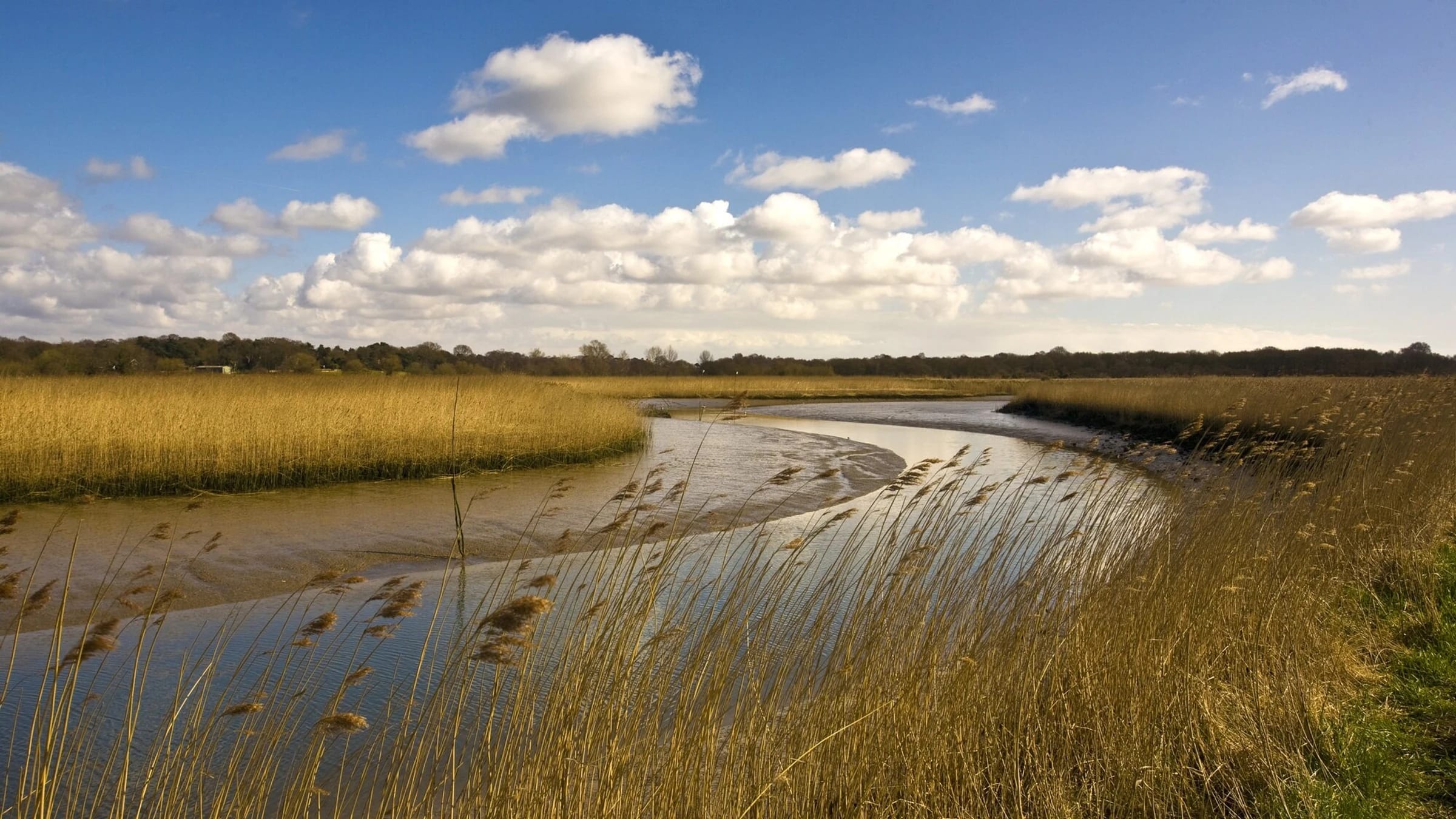 River Alde winding through green fields under a blue sky in the United Kingdom.
