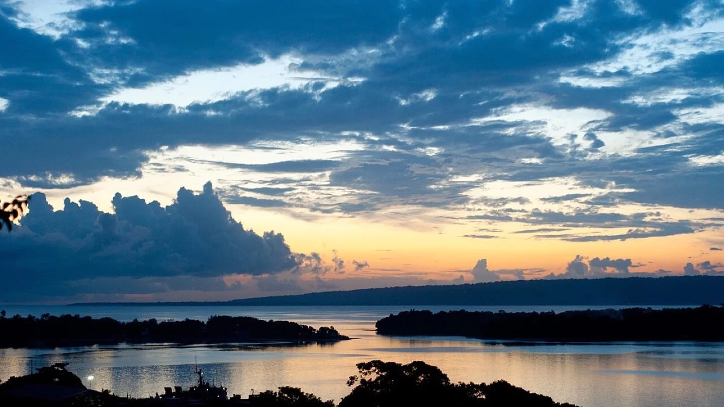 Port Vila Harbour and its islands at sunset in Vanuatu.