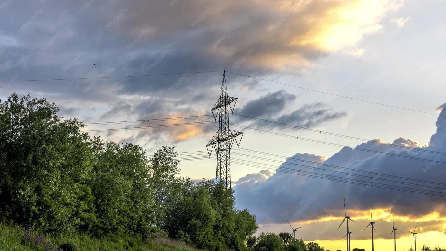 Electricity transmission tower beneath a dramatic sky with wind turbines in the distance.