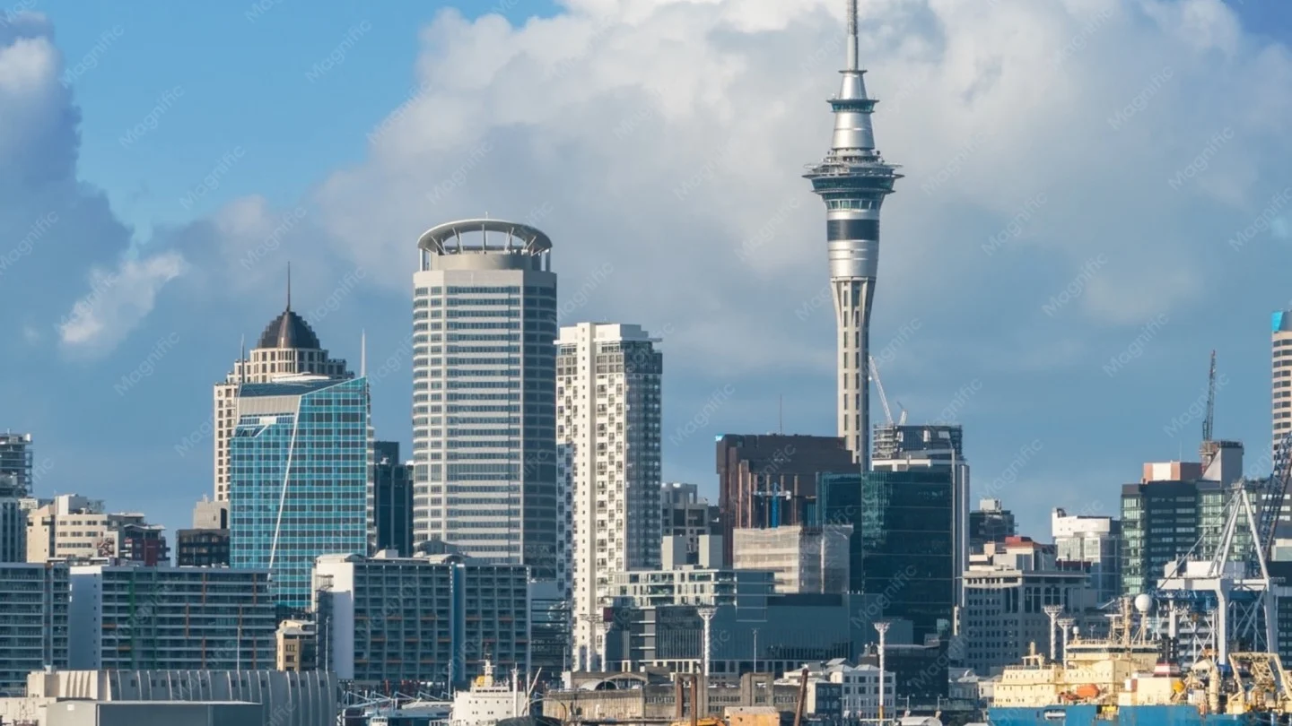 Auckland skyline and waterfront across the Waitemata Harbour.