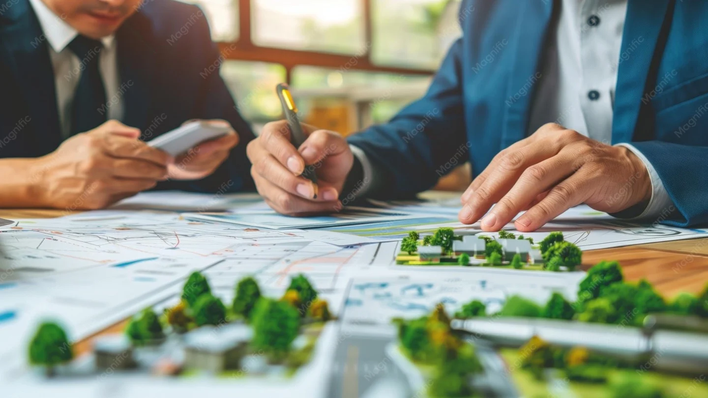 Urban planners review maps and a city model during a development meeting.