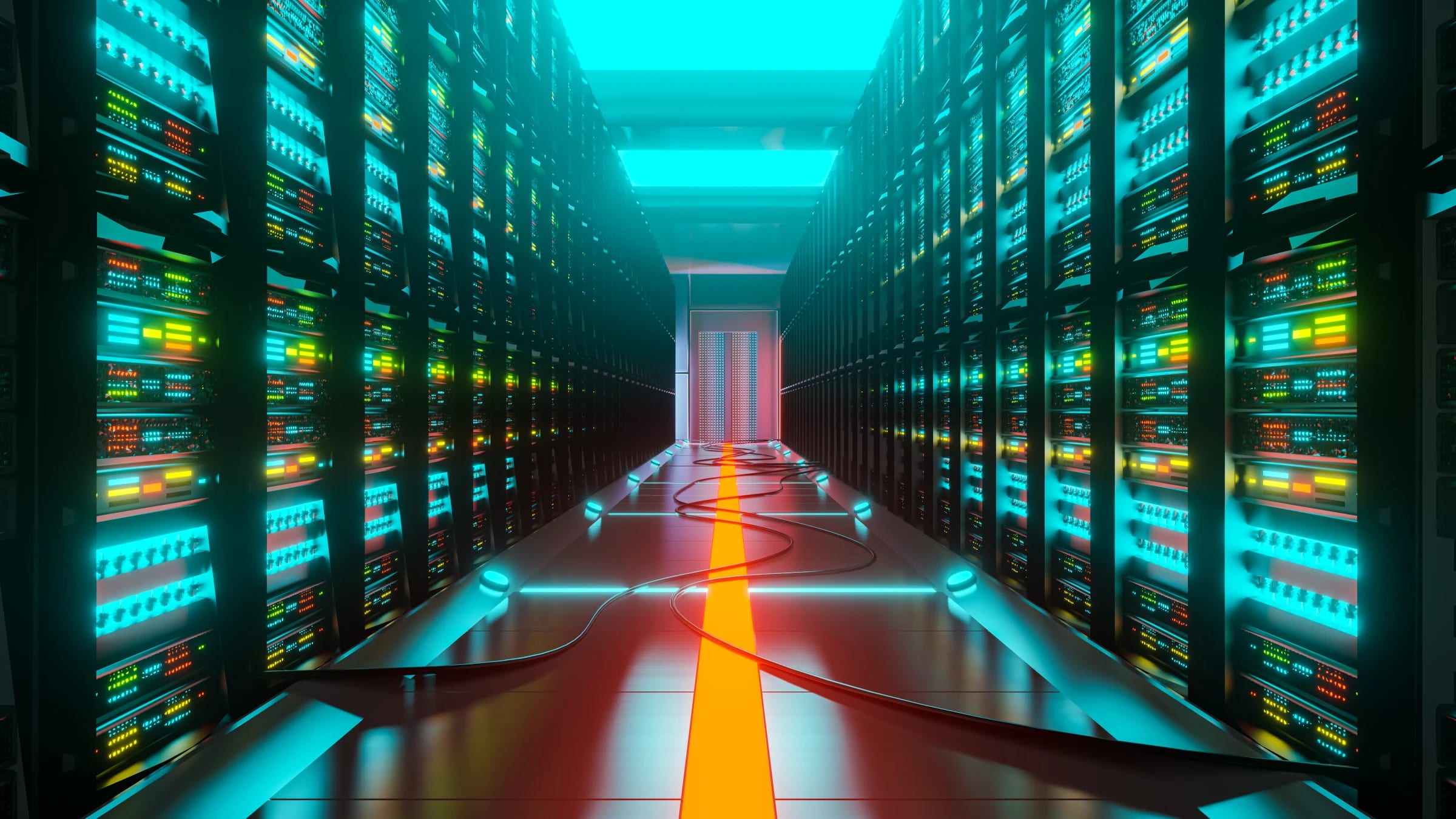 Illuminated server racks lining a corridor inside a data center.