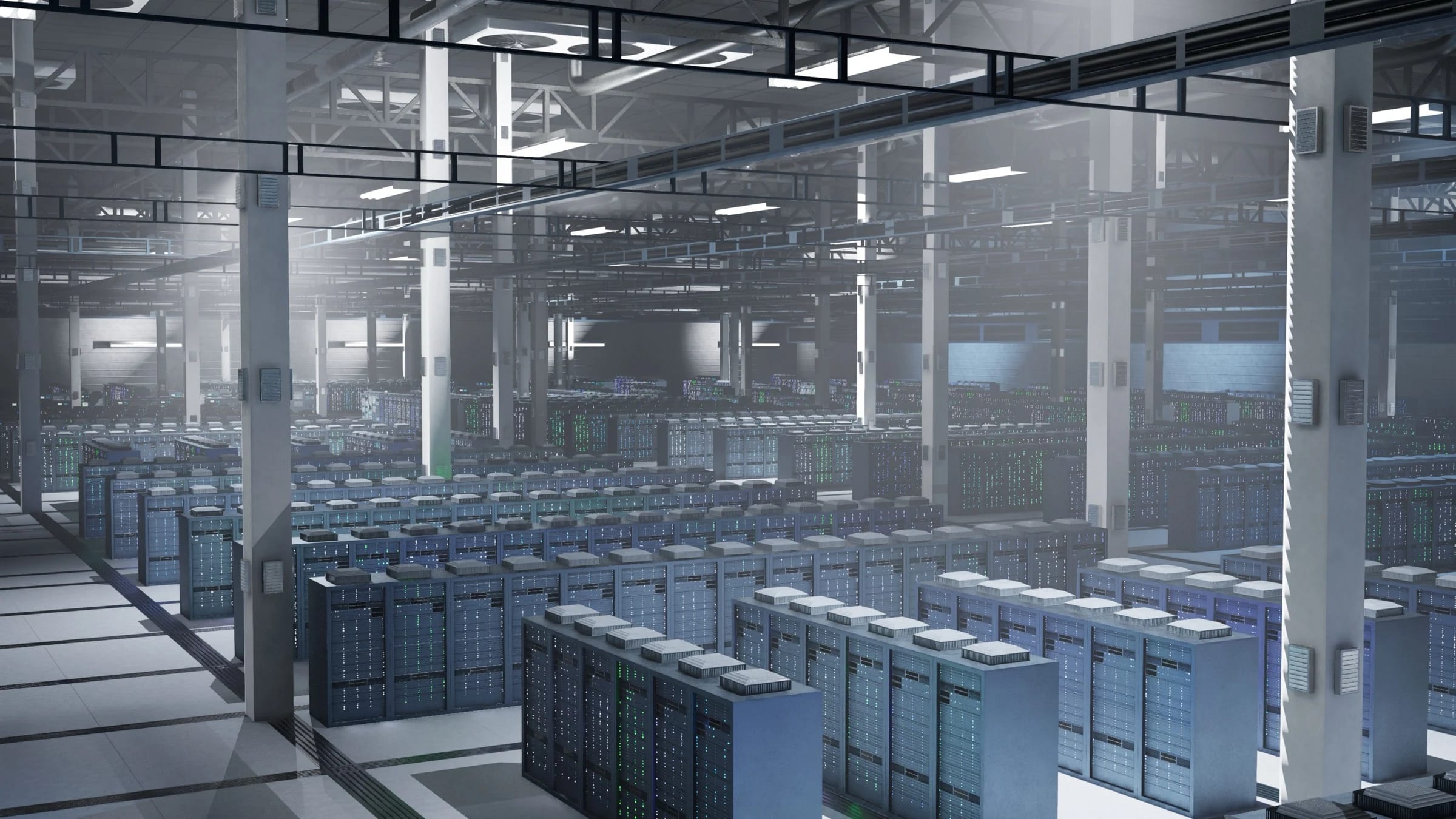 Visualization of rows of illuminated server cabinets inside a large data center.