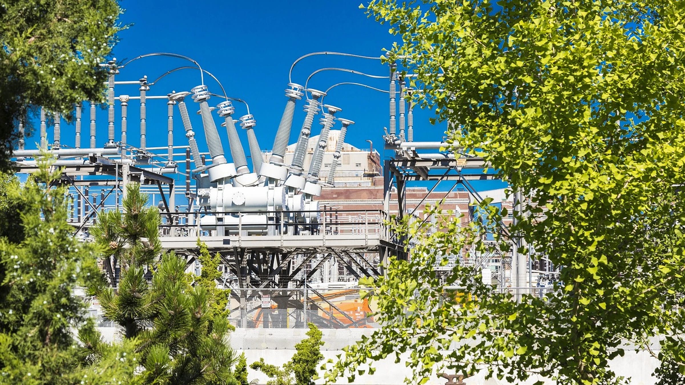 Electrical substation equipment framed by trees