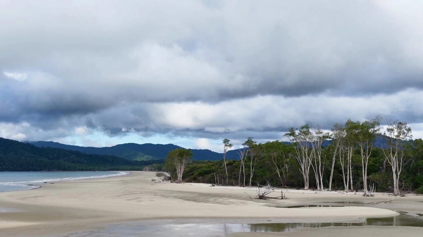 Tropical coastline and rainforest beneath an approaching storm system