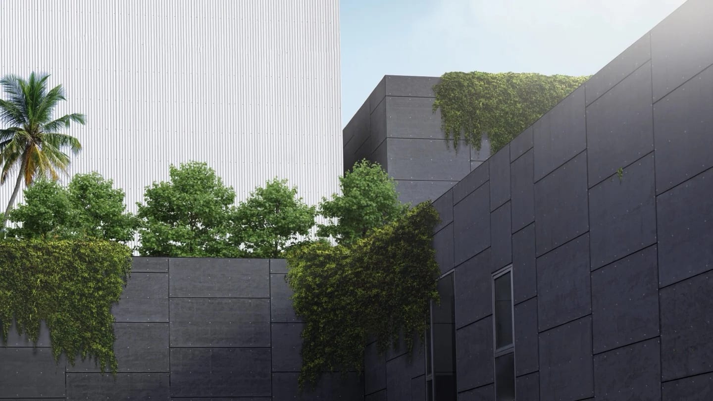 Green roofs and living walls on modern urban buildings.