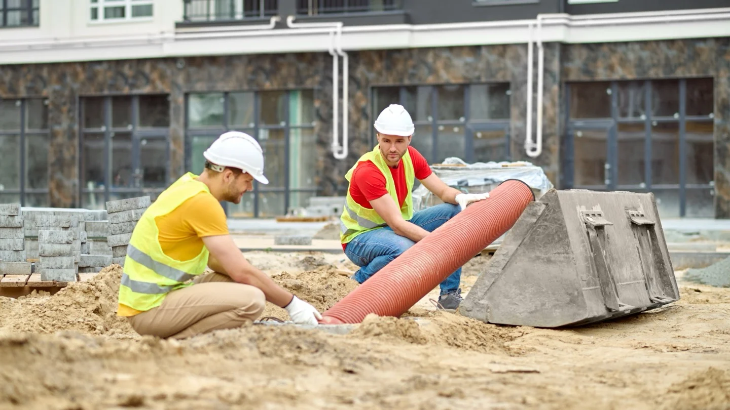 Two construction workers position a large utility pipe in an excavated site.