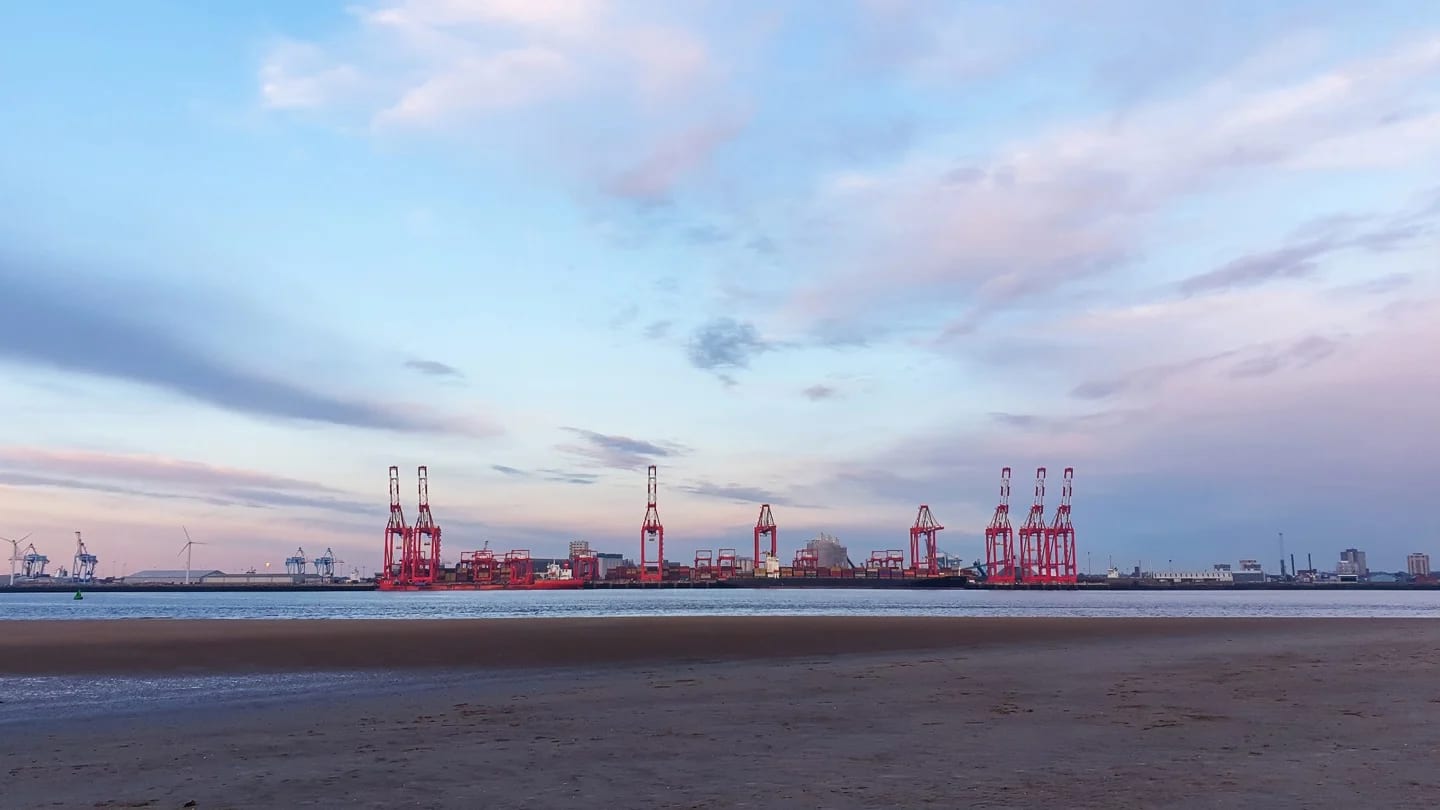 Cargo cranes line a working seaport beneath a broad evening sky.