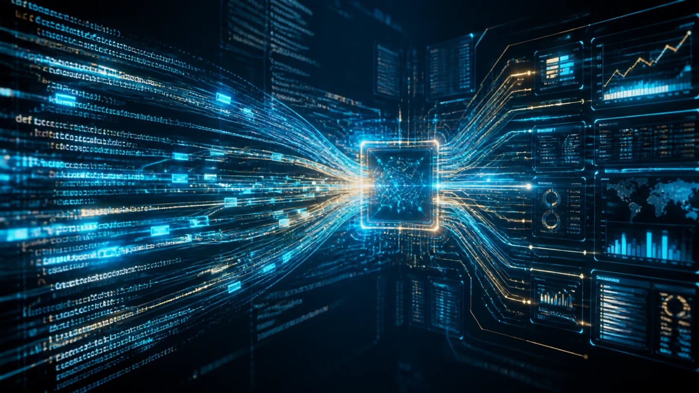 Streams of computer code and structured data converge through an intelligent digital service interface.
