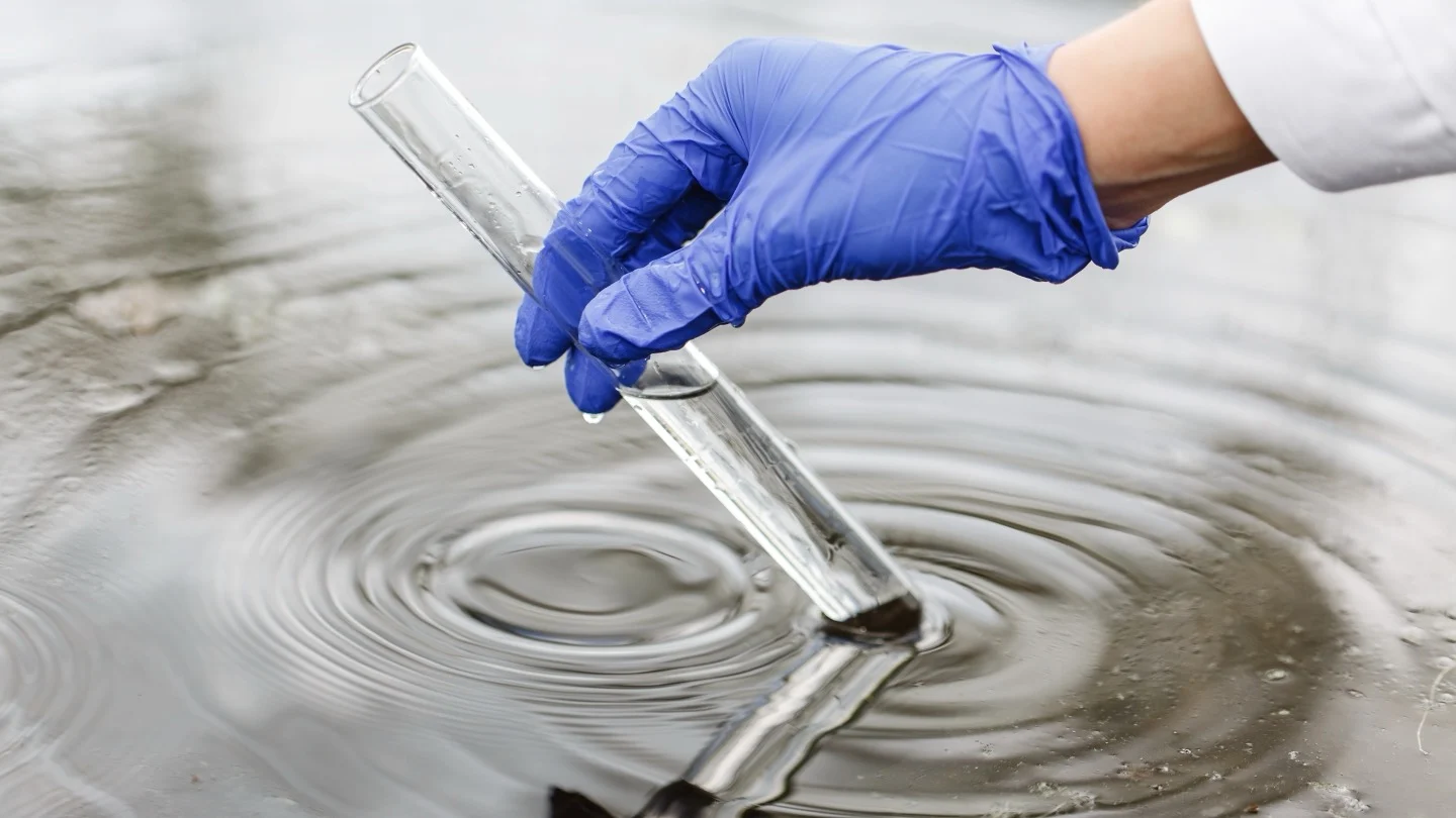 A researcher in protective gloves examines a water sample in a clear test tube.