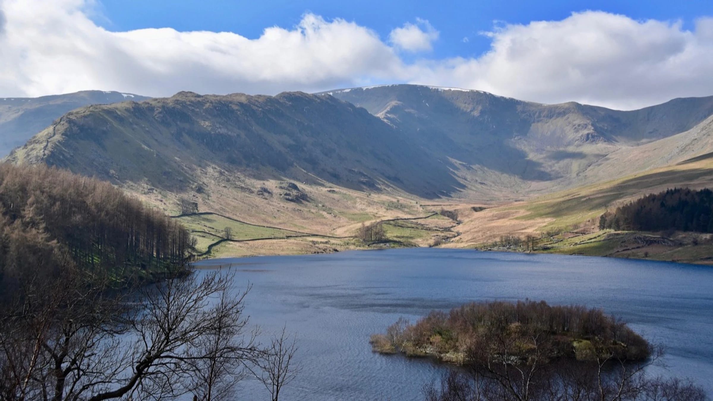 Reservoir water surrounded by hills in England.