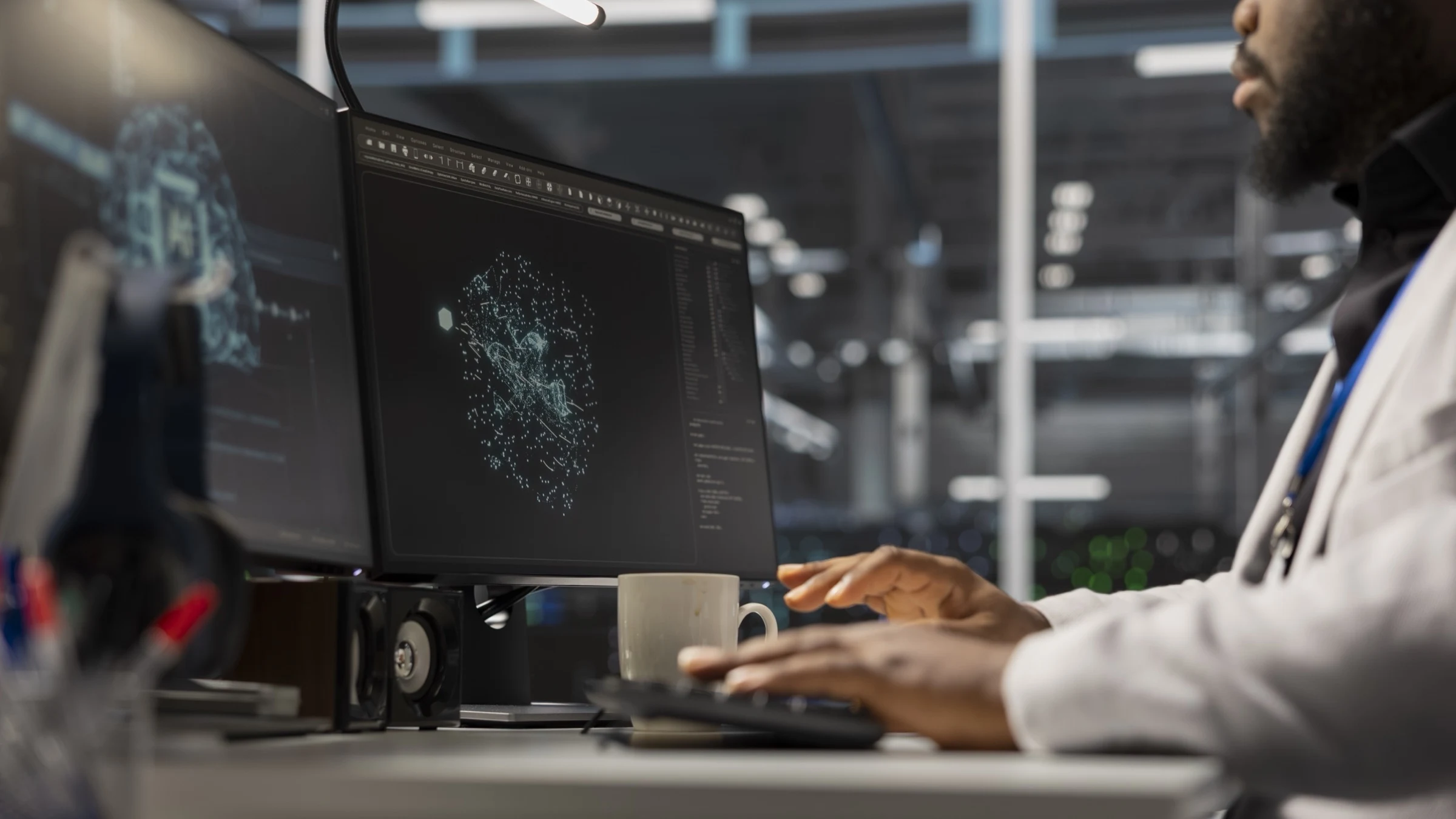 An engineer works at a computer beside data-centre equipment.