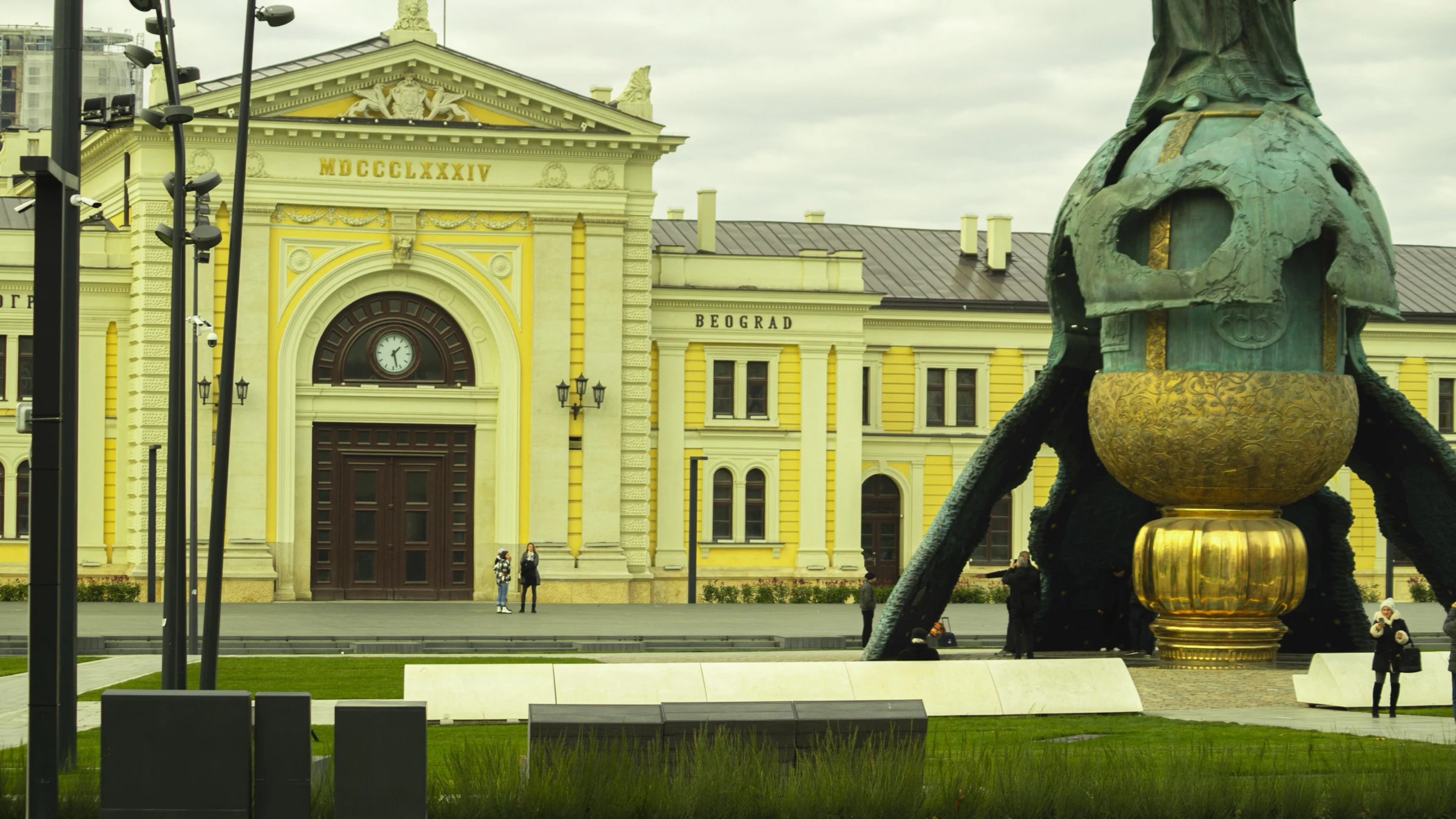 Landscaped civic plaza outside Belgrade railway station in Serbia.