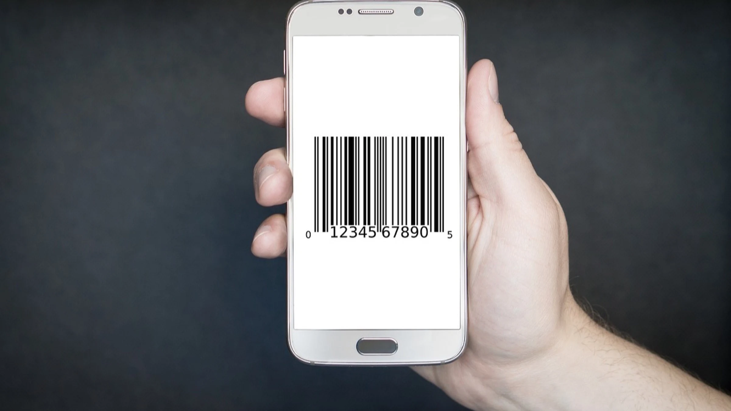 A hand holding a smartphone that displays a machine-readable barcode.