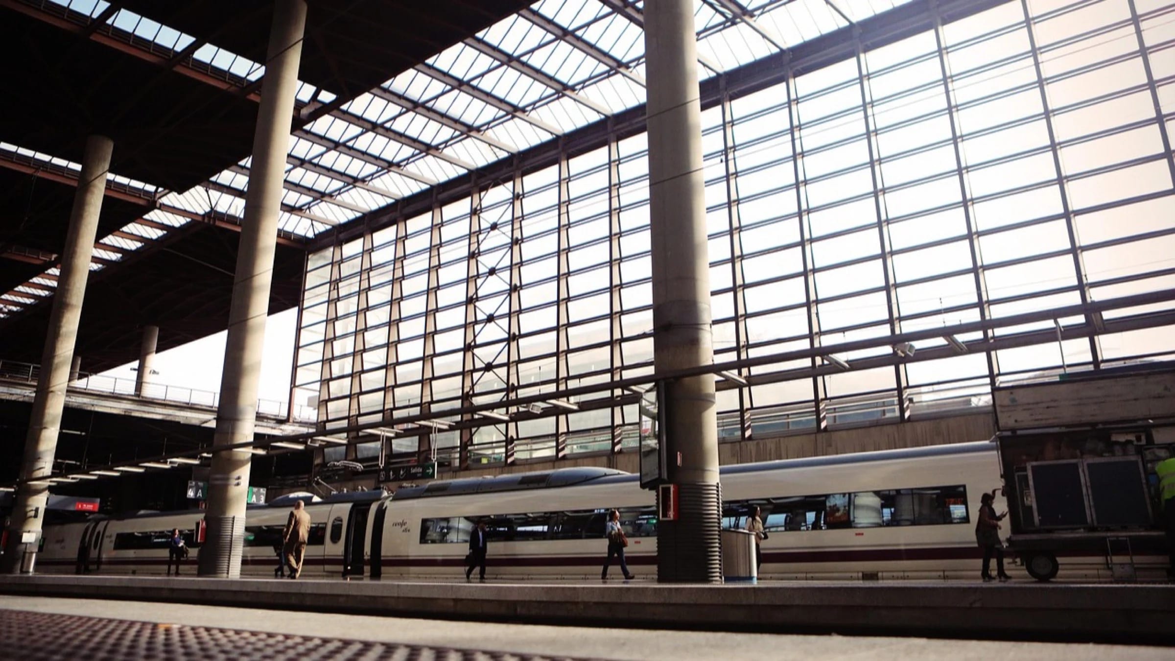 Passenger trains beneath the glass-and-steel roof of a large railway station.