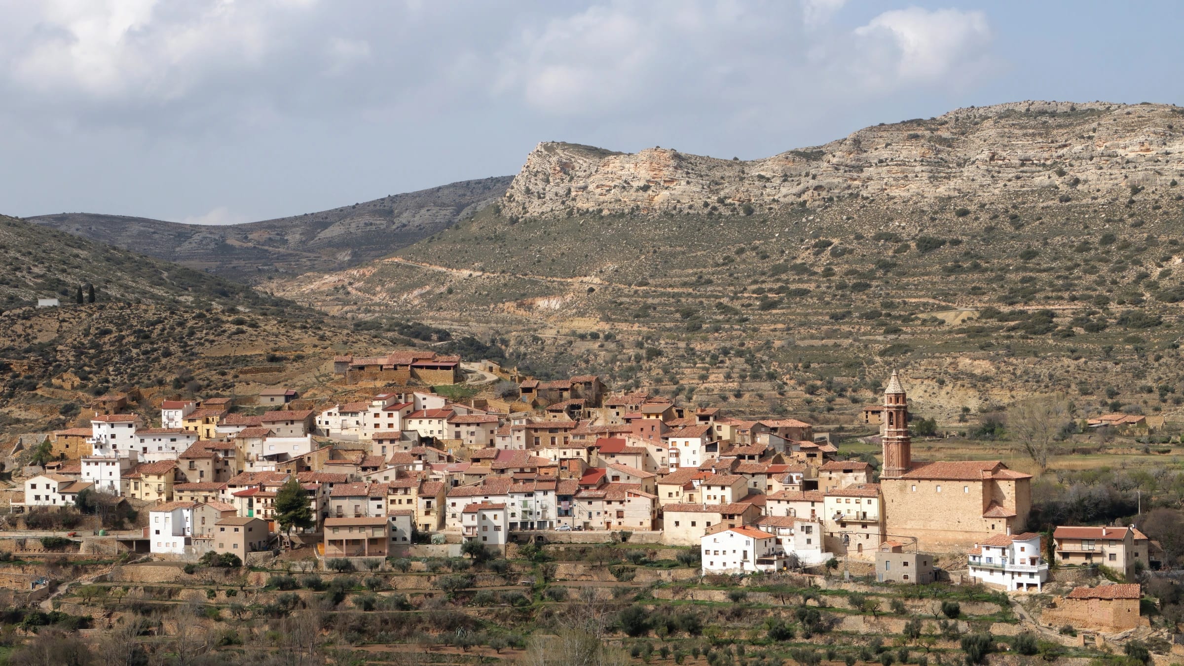 A Spanish village below dry hills in Teruel