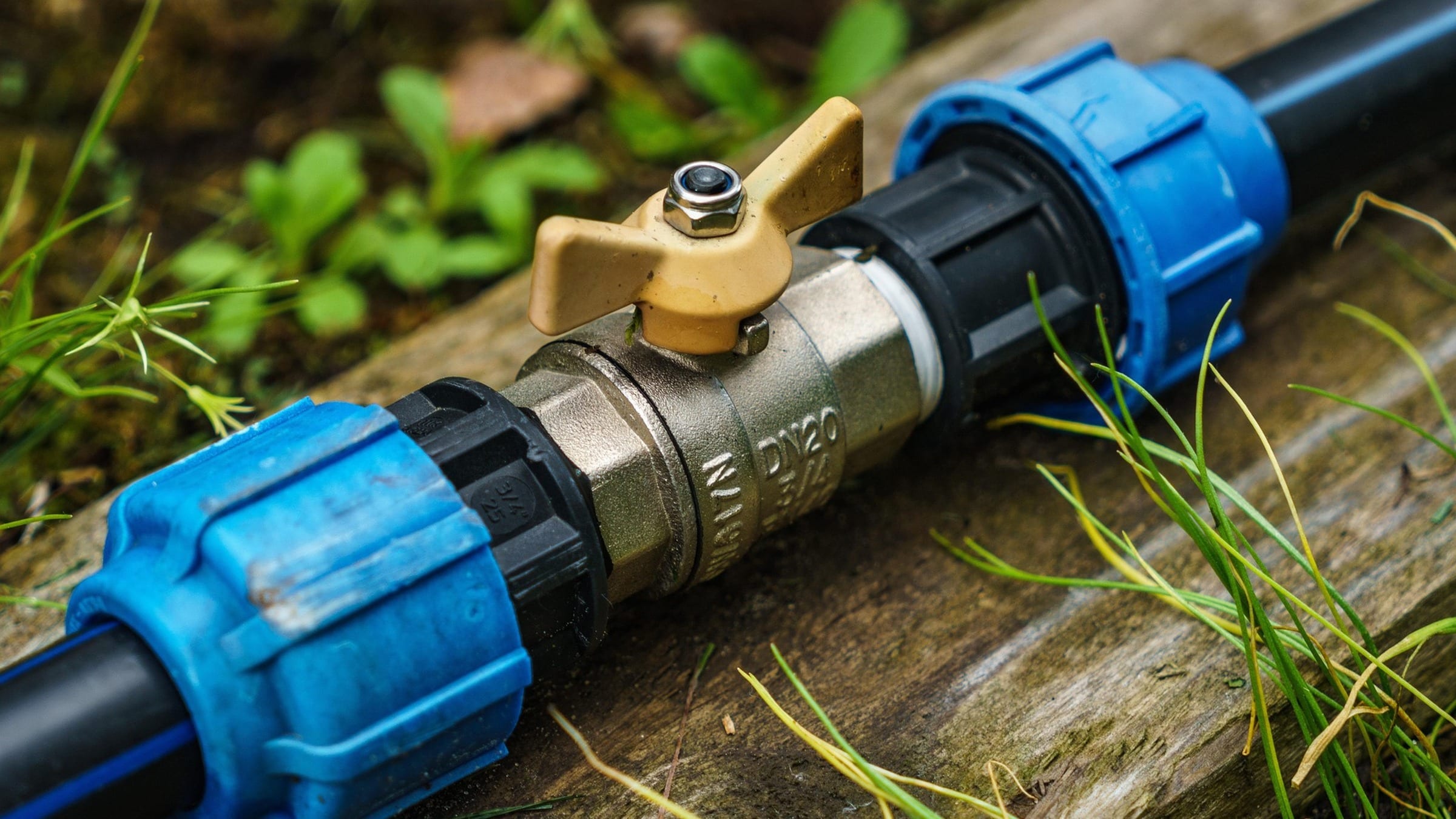 Outdoor water pipe with a metal valve and blue connecting fittings.