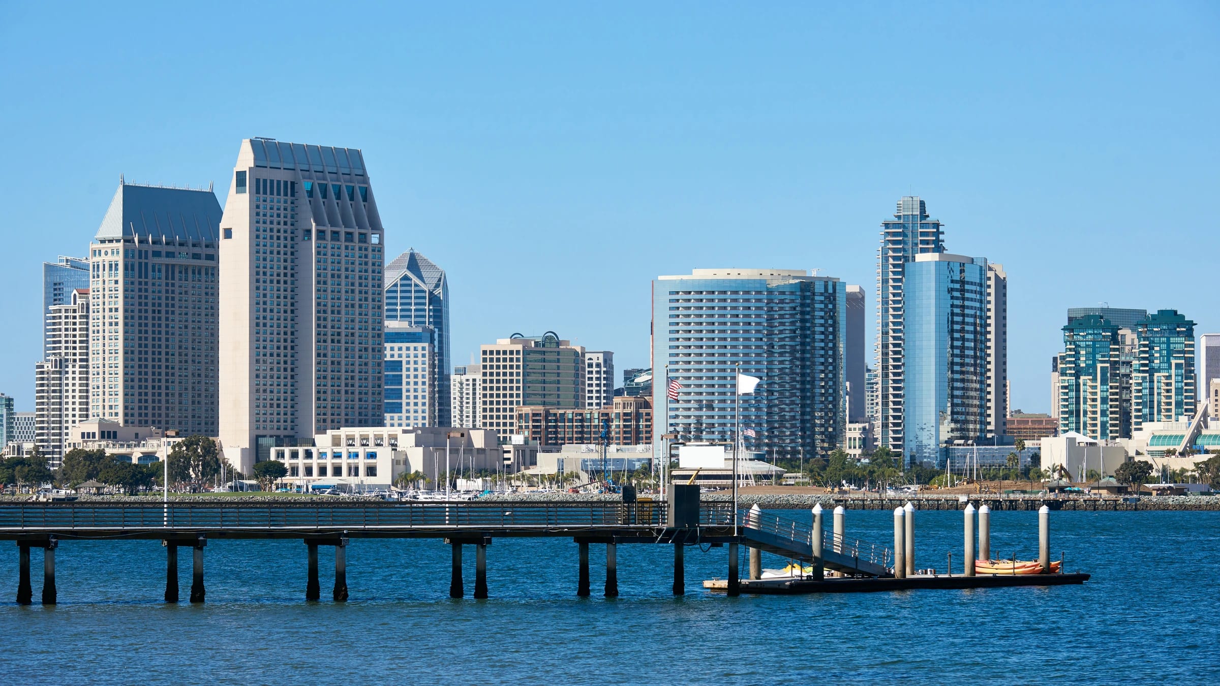 San Diego skyline above a pier and waterfront