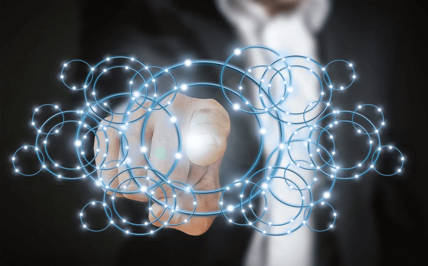 Business professional interacting with a digital AI network, symbolizing artificial intelligence applications in water management systems.