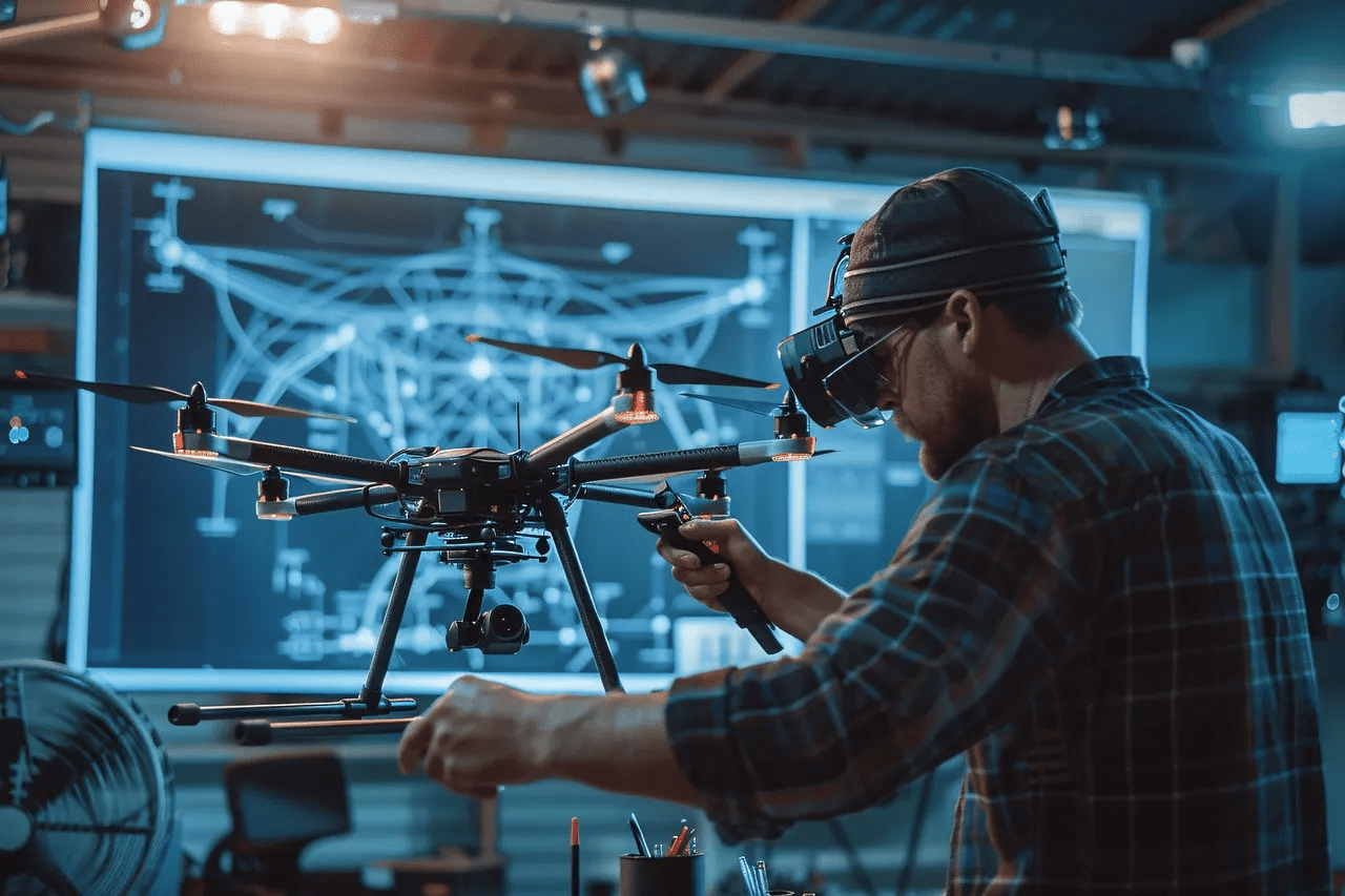 Engineer testing and calibrating an autonomous drone with VR headset for sewer inspection technology.