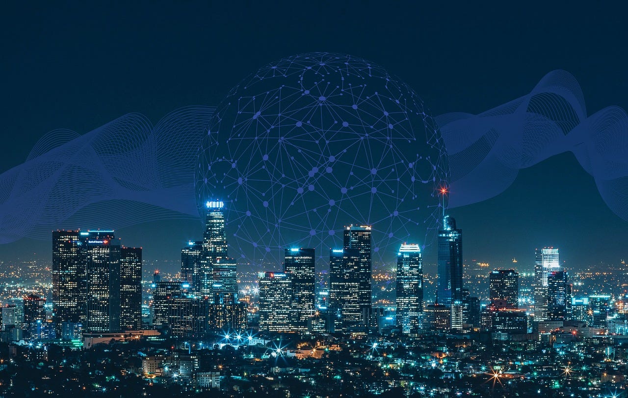City skyline at night overlaid with digital network patterns, symbolizing AI-powered water management and smart infrastructure systems.