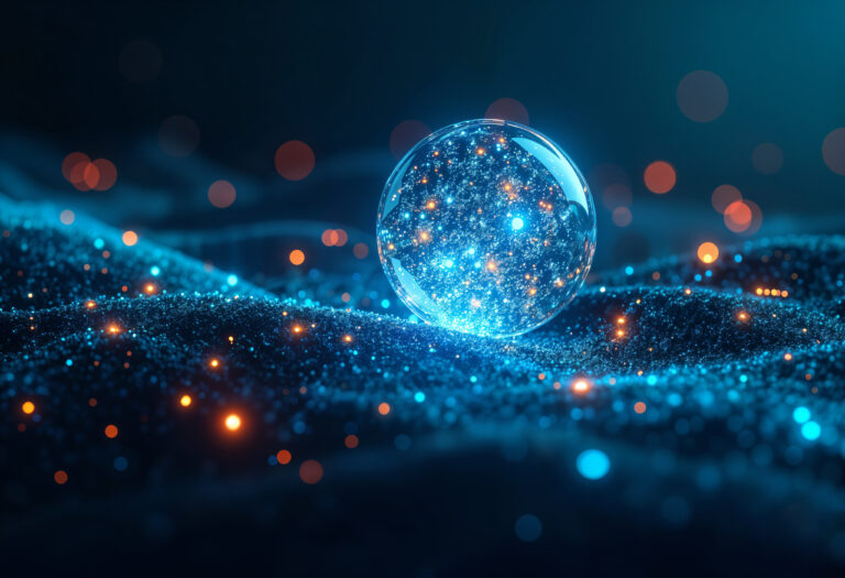 A glowing digital sphere symbolising real-time data and intelligent monitoring, reflecting the concept of smart water metering.