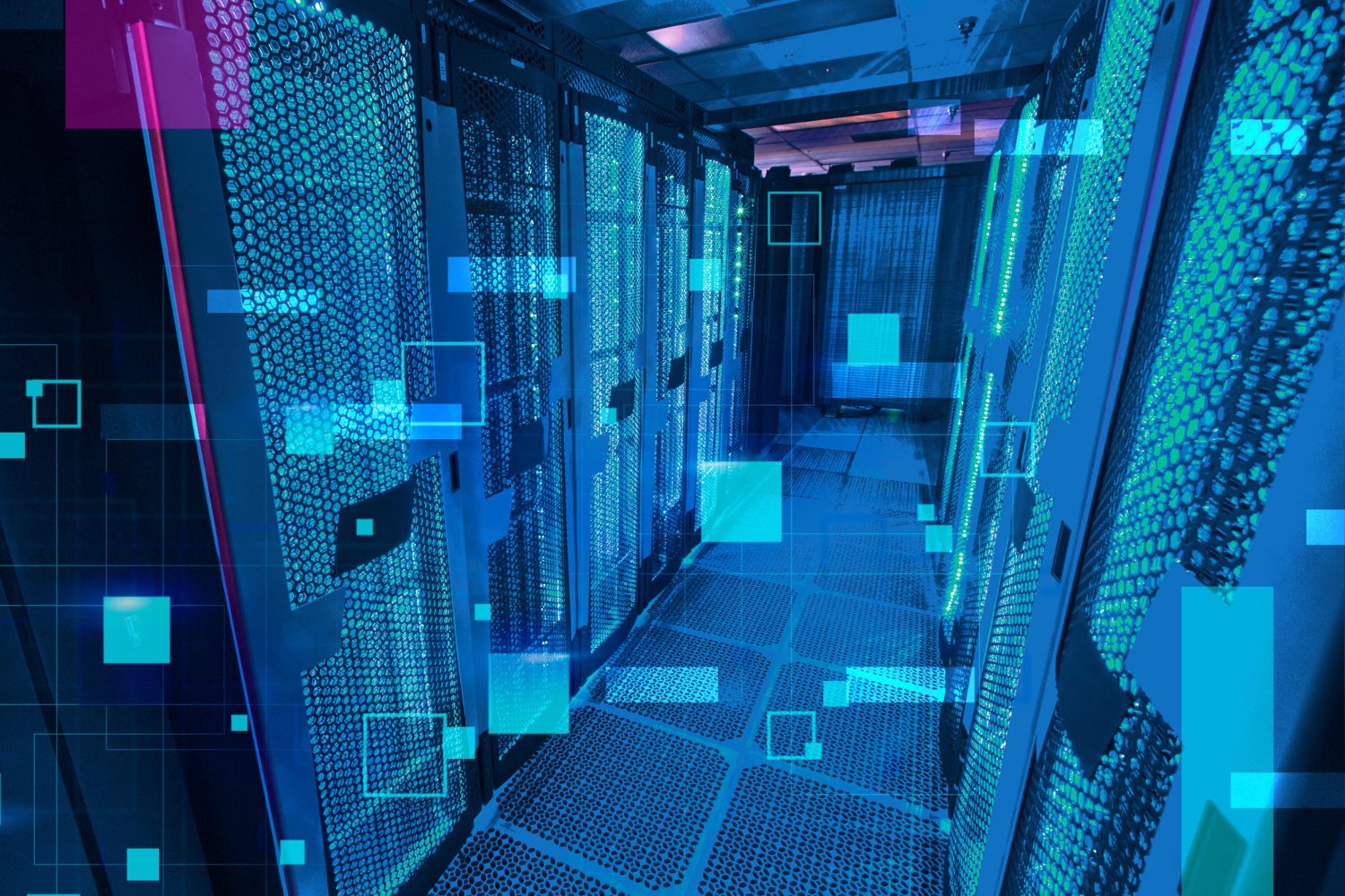 Interior of a data centre with server racks illustrating digital infrastructure cooling and energy systems.