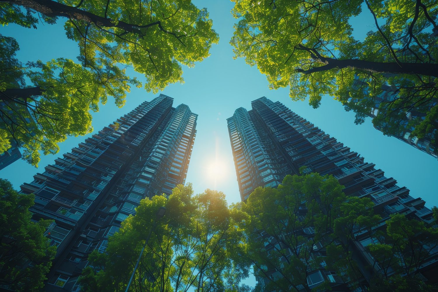 Modern high-rise urban buildings framed by green tree canopy symbolizing water-energy nexus governance and sustainable building performance