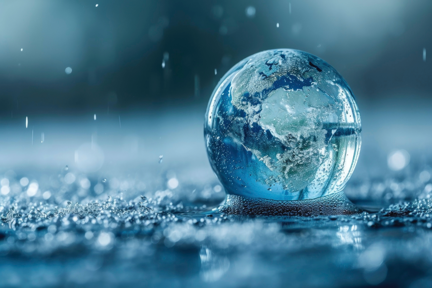 Glass globe surrounded by water symbolising circular water resource recovery, recycled water systems, and urban climate resilience