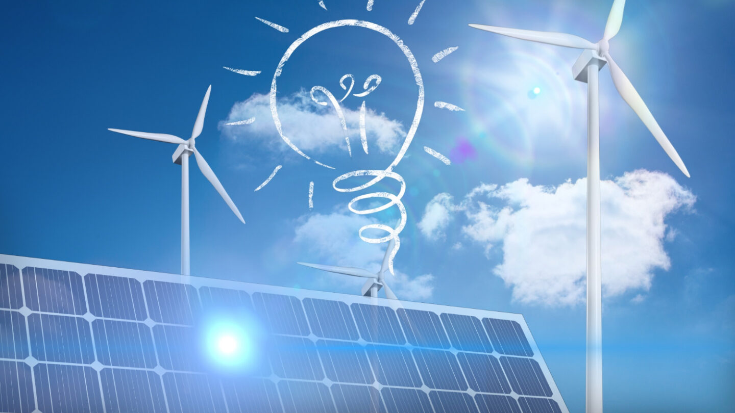 Solar panels and wind turbines representing renewable-powered desalination systems supporting urban water security and sustainable infrastructure.