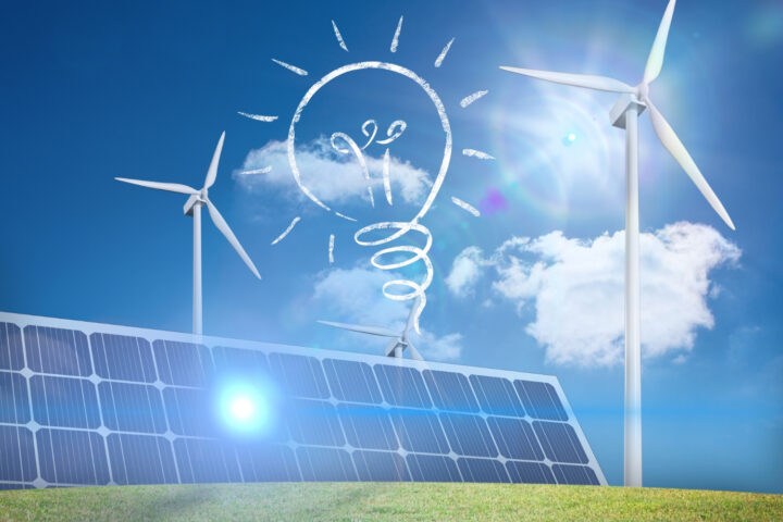 Solar panels and wind turbines representing renewable-powered desalination systems supporting urban water security and sustainable infrastructure.