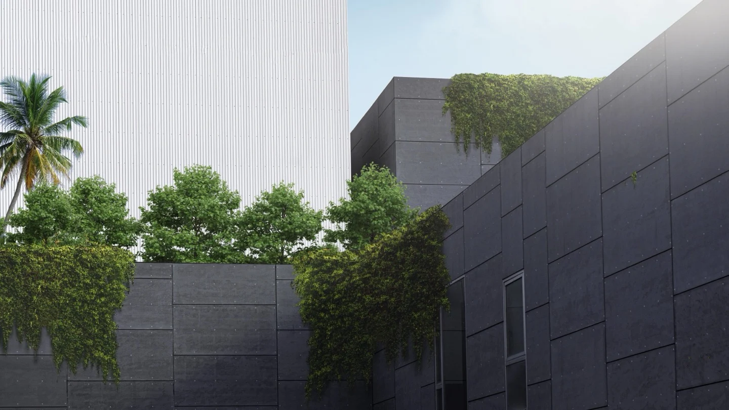 Green roofs and living walls on modern urban buildings.