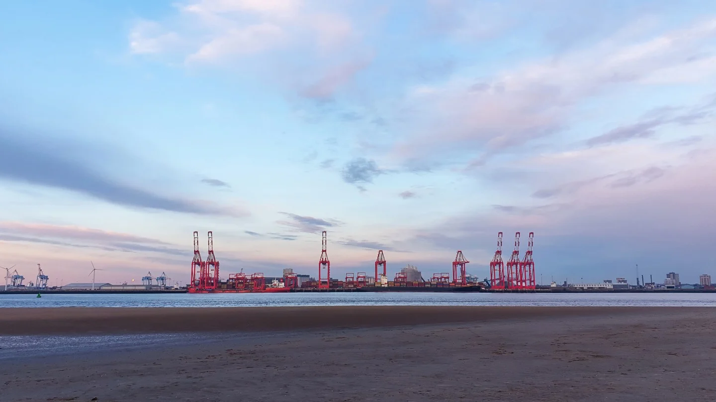 Cargo cranes line a working seaport beneath a broad evening sky.