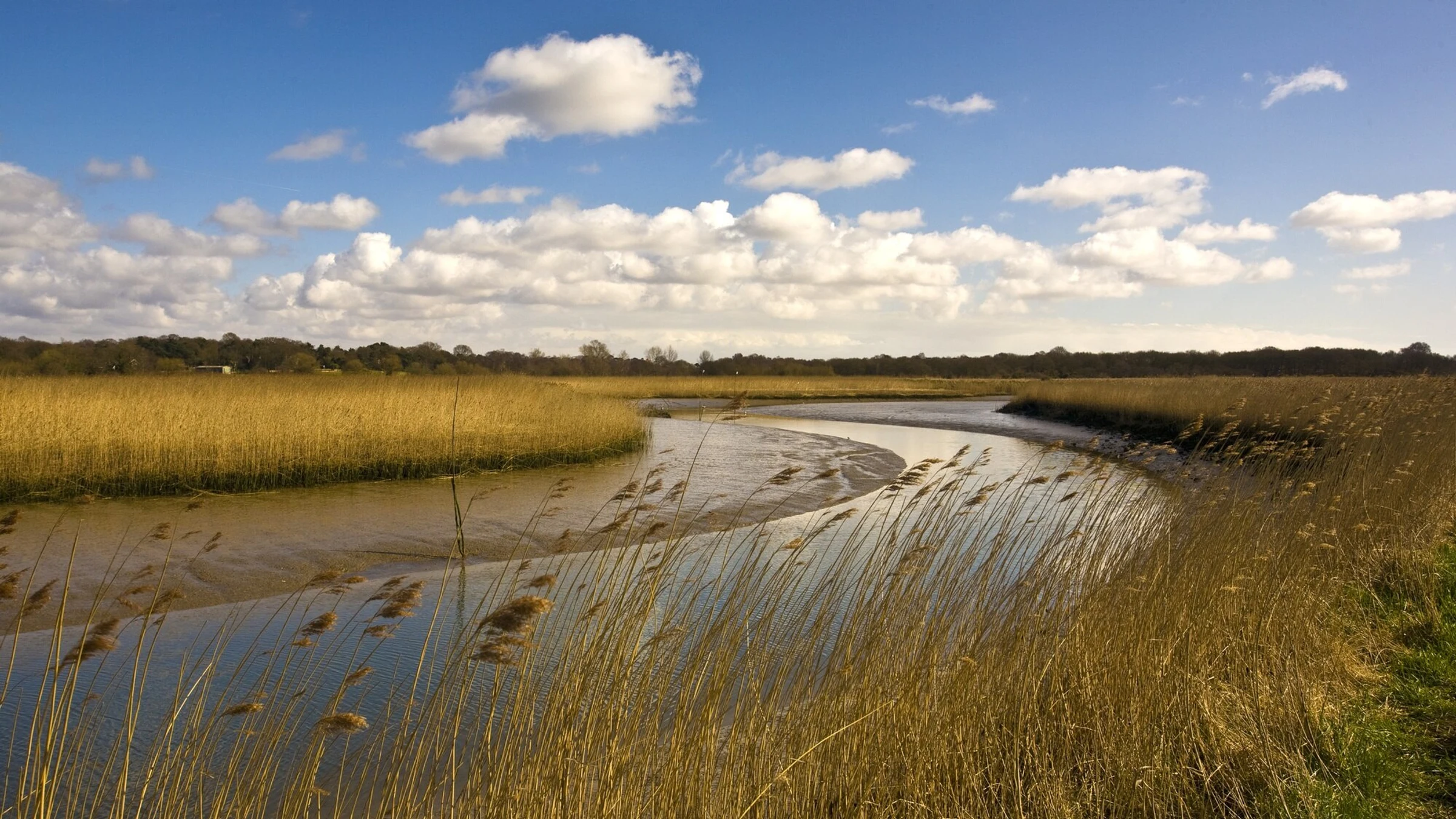 River Alde winding through green fields under a blue sky in the United Kingdom.