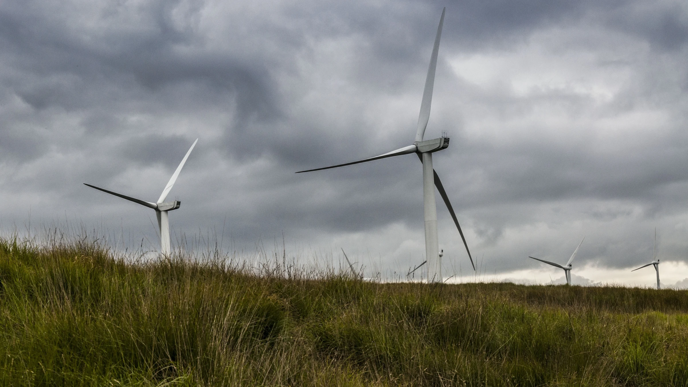 Wind turbines stand across farmland beneath a lightly clouded sky.