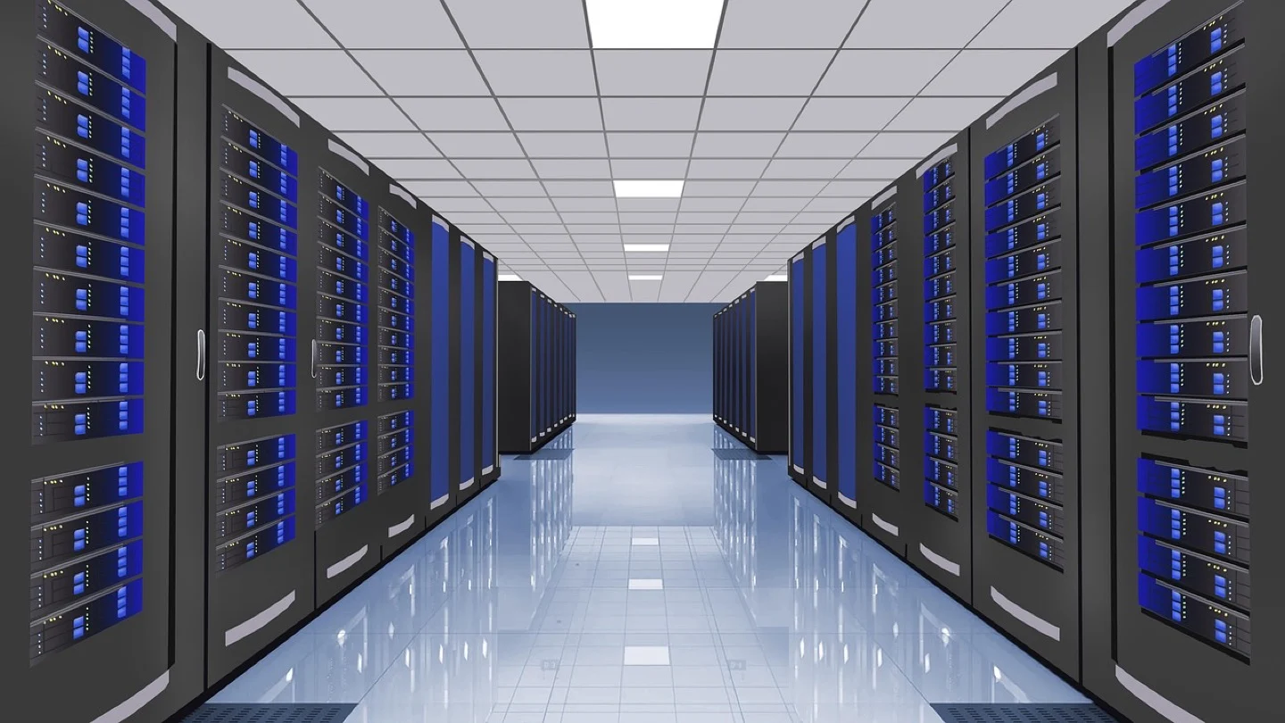 Rows of blue-lit server cabinets extend through a data-center aisle.