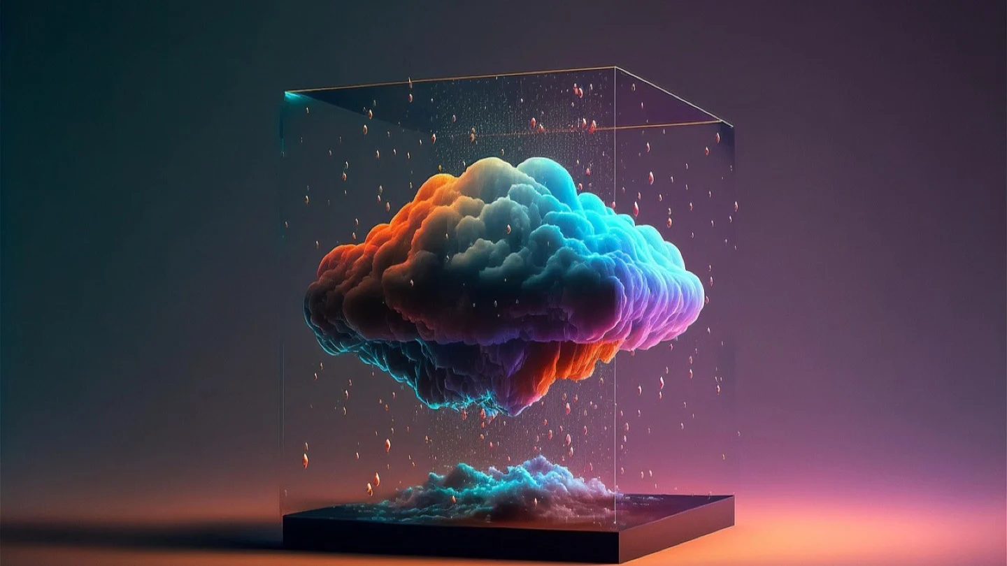 A multicolored cloud form is suspended within a transparent display case.