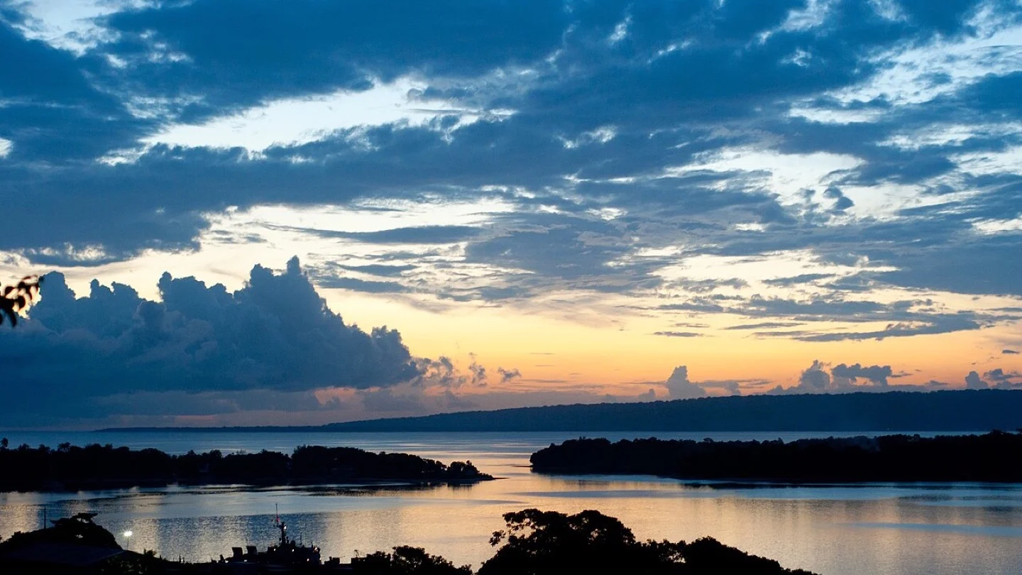 Port Vila Harbour and its islands at sunset in Vanuatu.