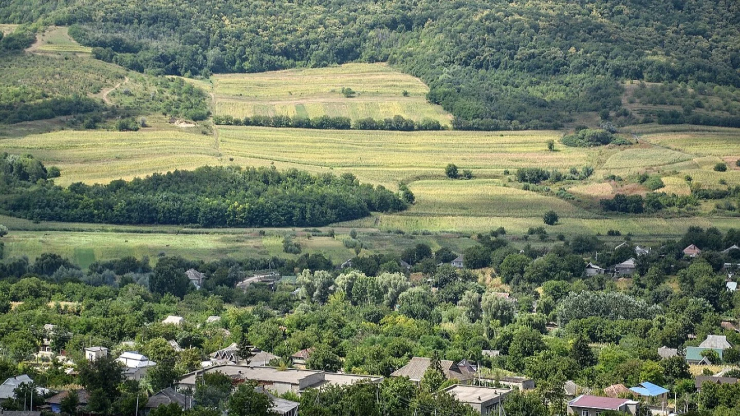 Fields, woodland and homes in Moldova’s Hîncești District.
