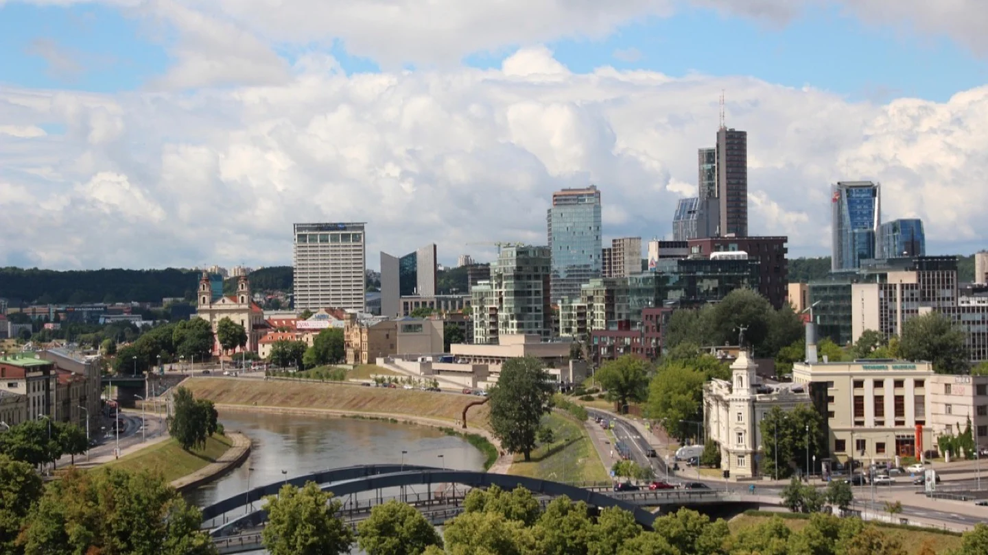 Central Vilnius and its modern business district beside the Neris River.