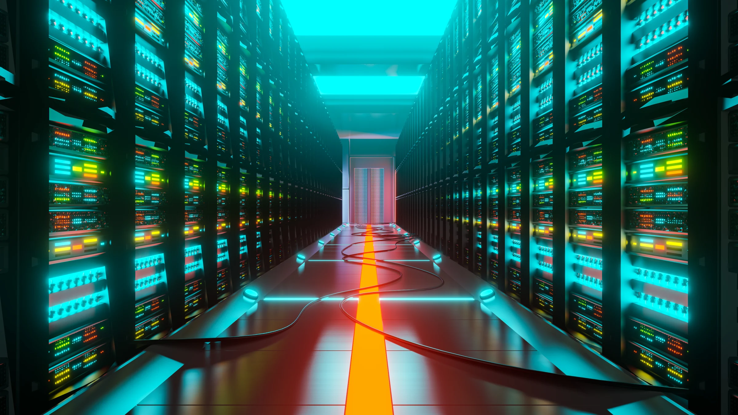 Illuminated server racks lining a corridor inside a data center.