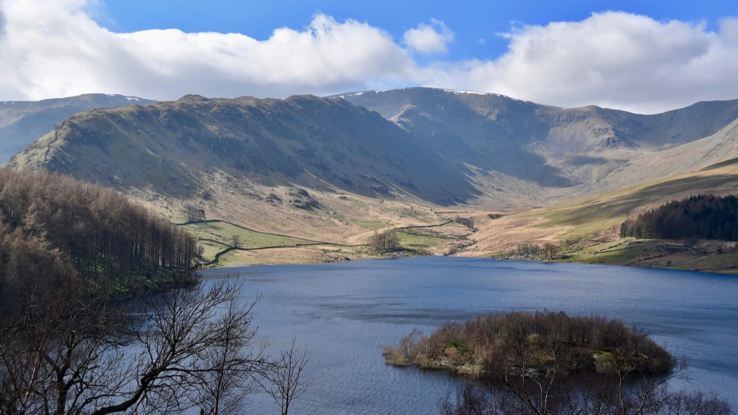 Reservoir water surrounded by hills in England.