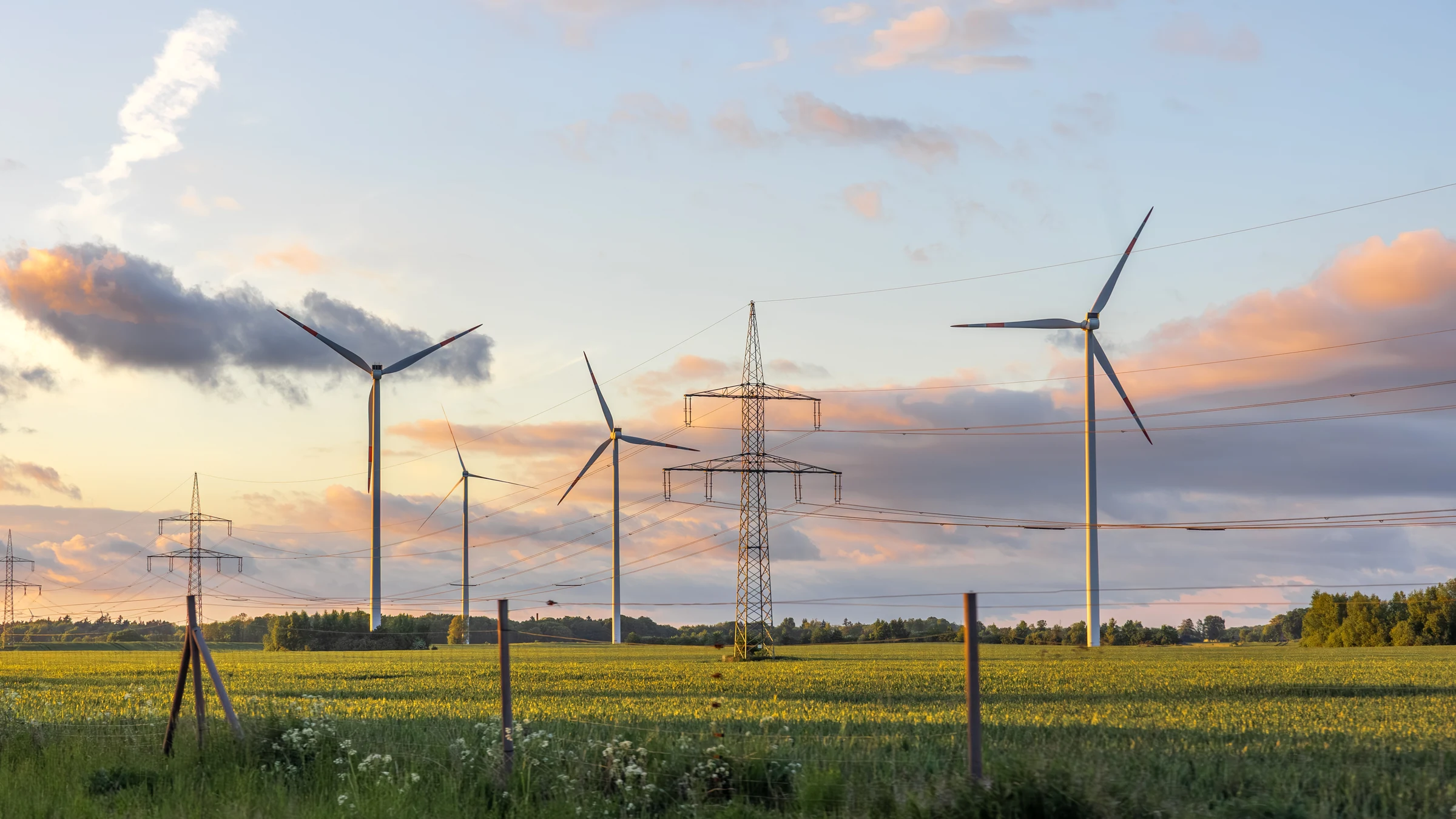Wind turbines and high-voltage power lines crossing a field at sunset.