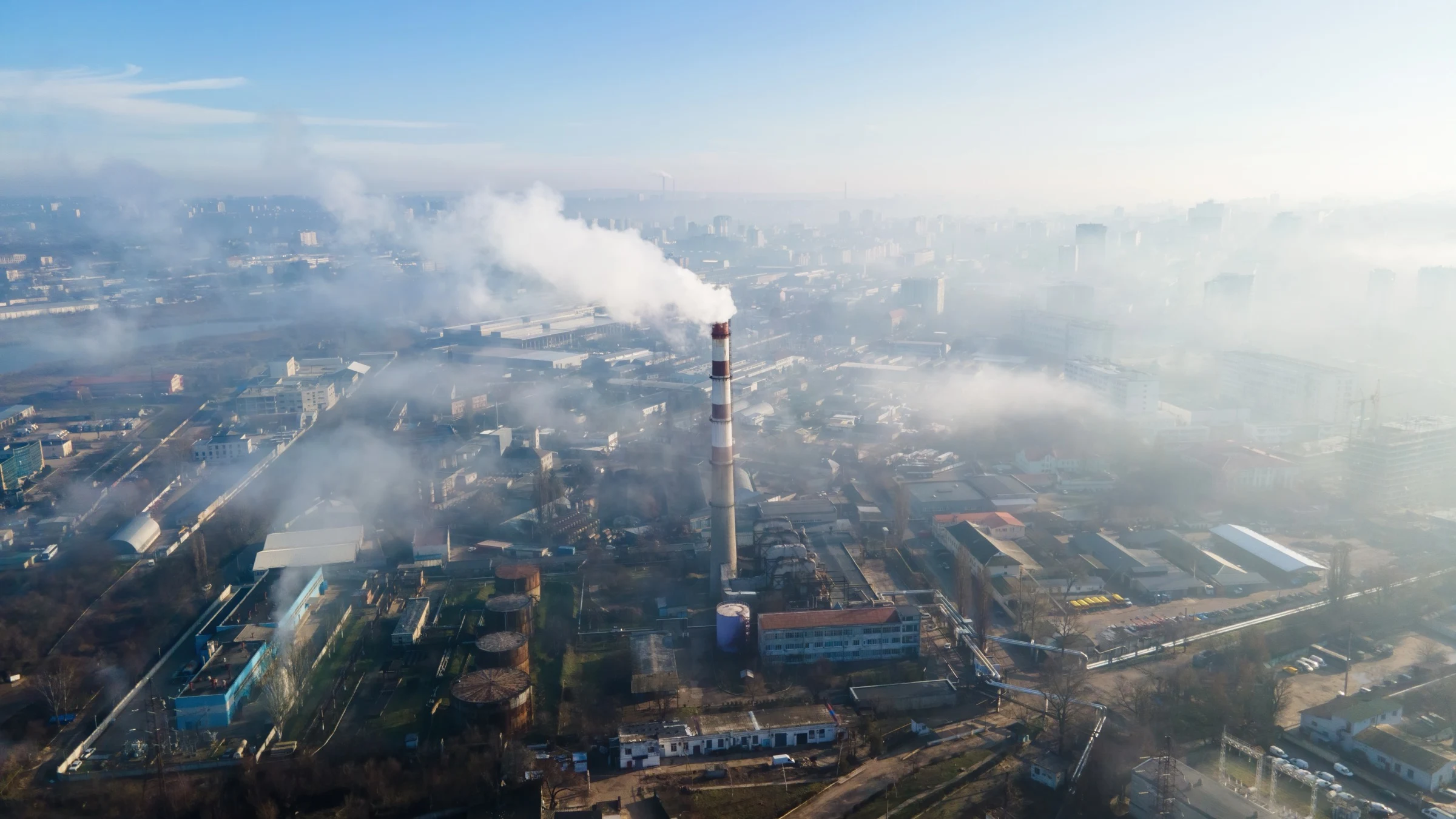 Aerial view of a thermal plant, roads and buildings in Chisinau, Moldova