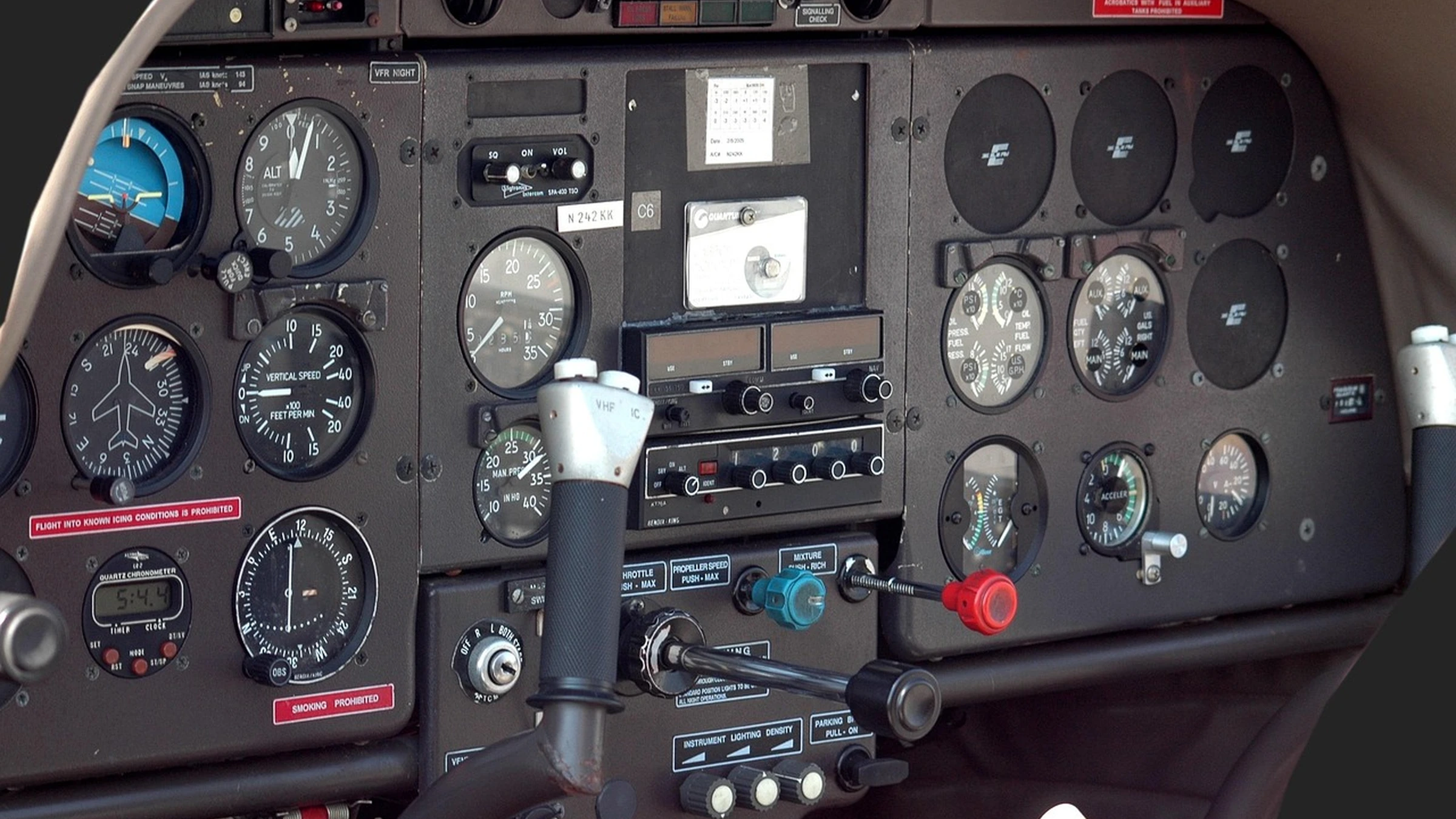 Close-up of analog aircraft cockpit instruments