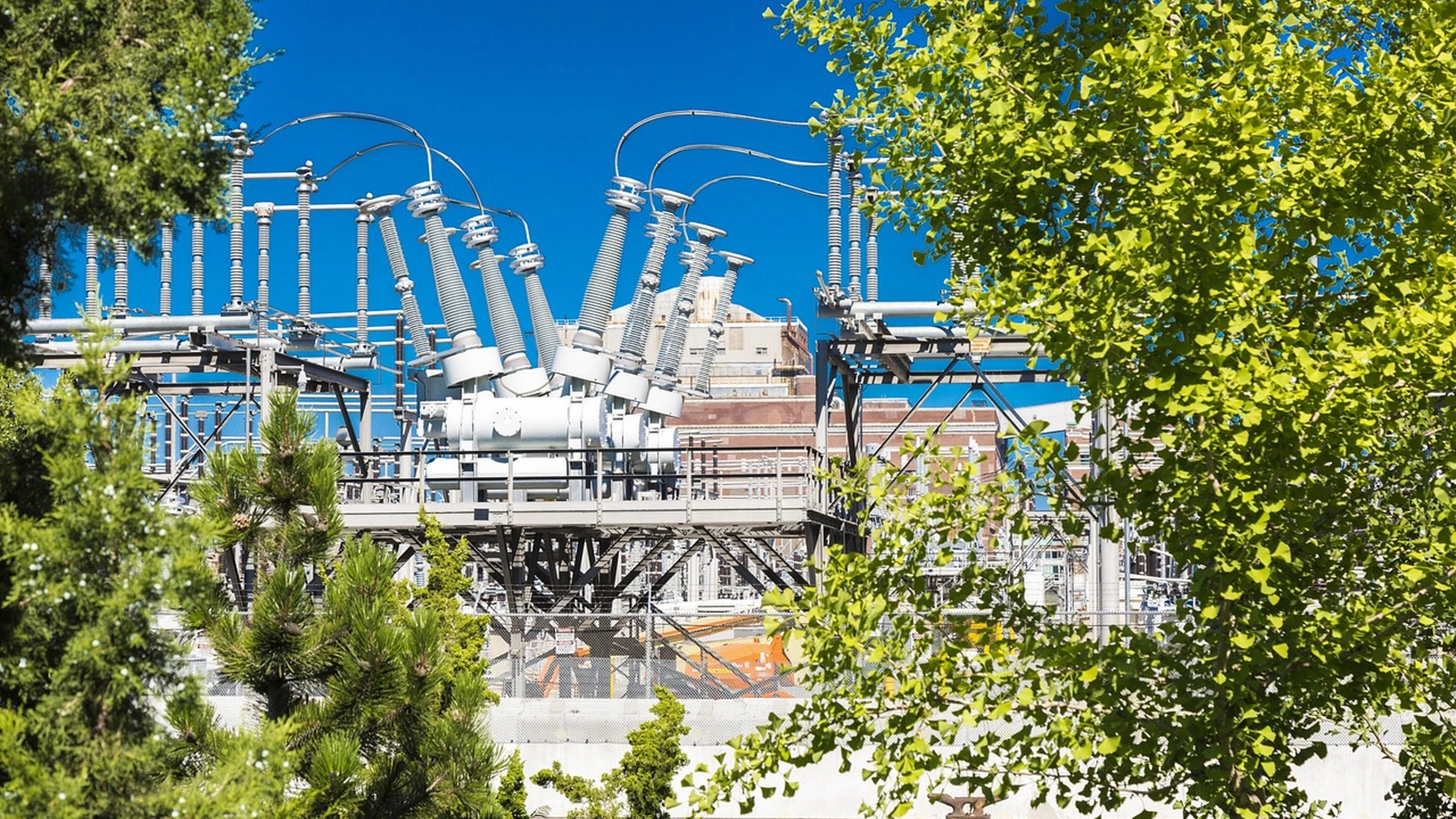Electrical substation equipment framed by trees